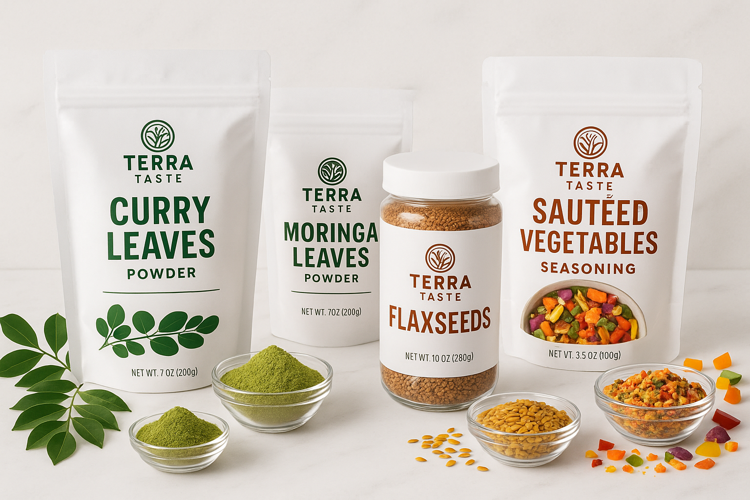 Please generate the same in white packages and keeping the products in consideration which are Curry leaves, Moringa leaves, flaxseeds and sautéed vegetables seasonings under the brand Terra Taste
